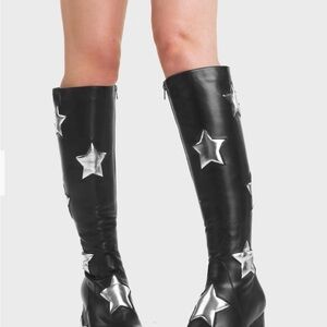 LAmade Black and Silver Heeled Boots with Star Design